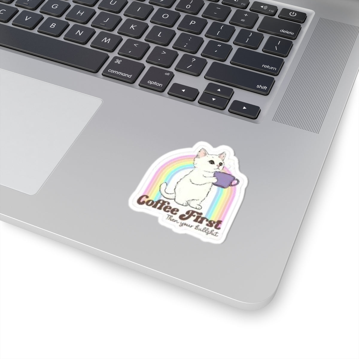 Coffee First Cat Sticker — Cute Rainbow Cat Holding Mug Vinyl Kiss-Cut Sticker