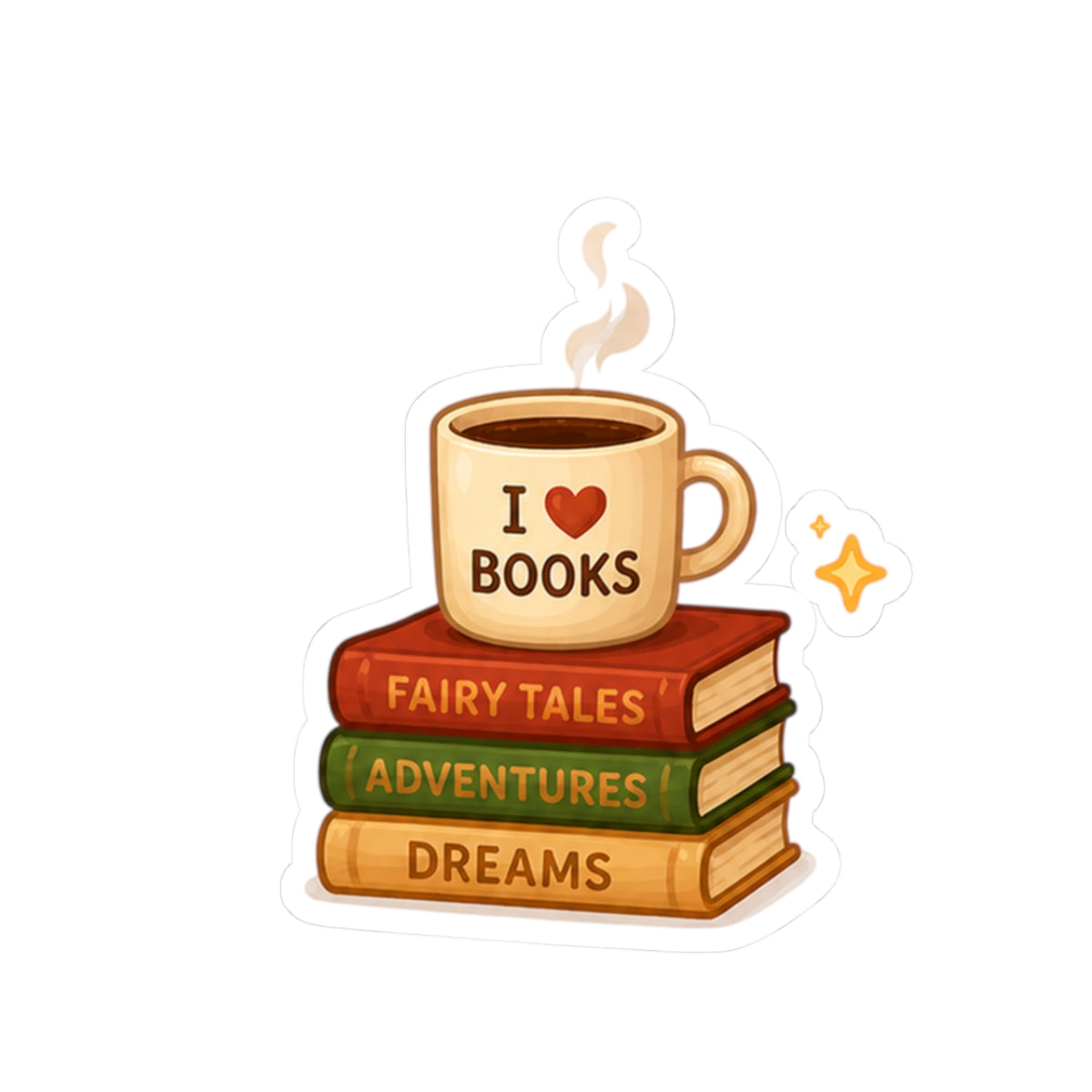 Cute ‘I <3 BOOKS’ Coffee Cup on Fairy Tales, Adventures & Dreams Stack (Kiss-Cut)