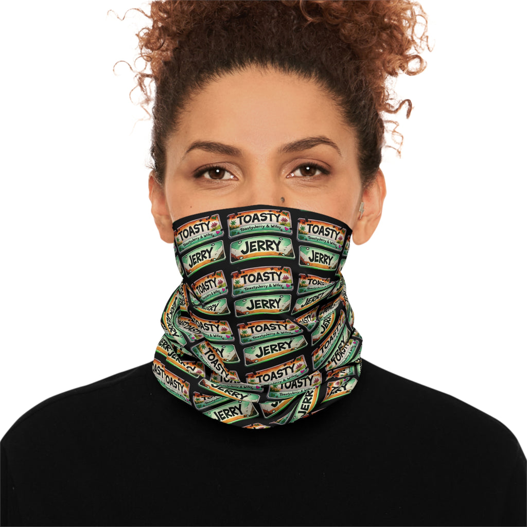 Lightweight Face Scarf Neck Gaiter — License Plate "Toasty Jerry" Neon Rave Pattern